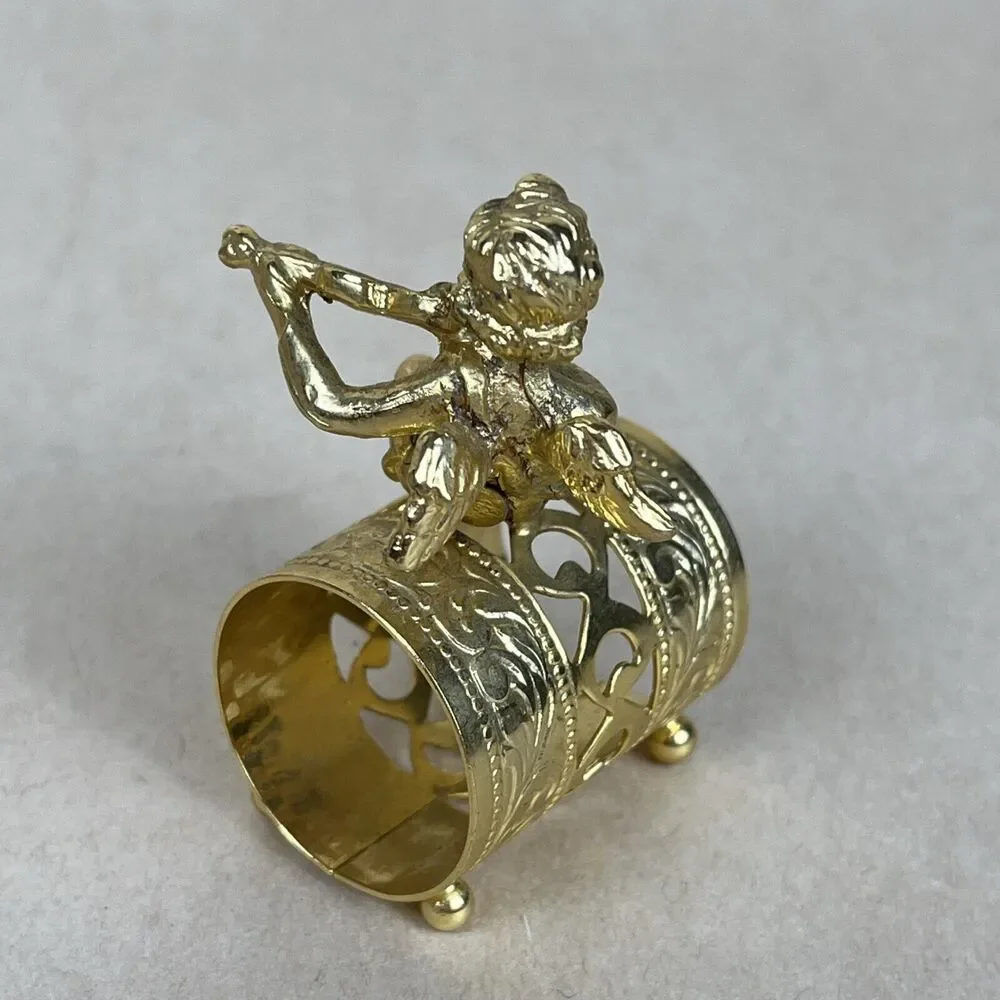 VTG 8pc Gold Tone Metal Angel Playing‎ Violin Filigree Napkin Ring Holder Signed